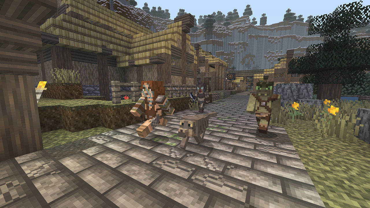Scena pixelata di Minecraft di abitanti del villaggio che corrono su un sentiero di pietra in una città.