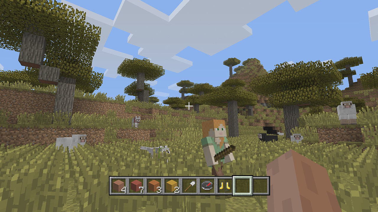 Scena Minecraft con personaggio che tiene un bastone, circondato da animali e alberi.