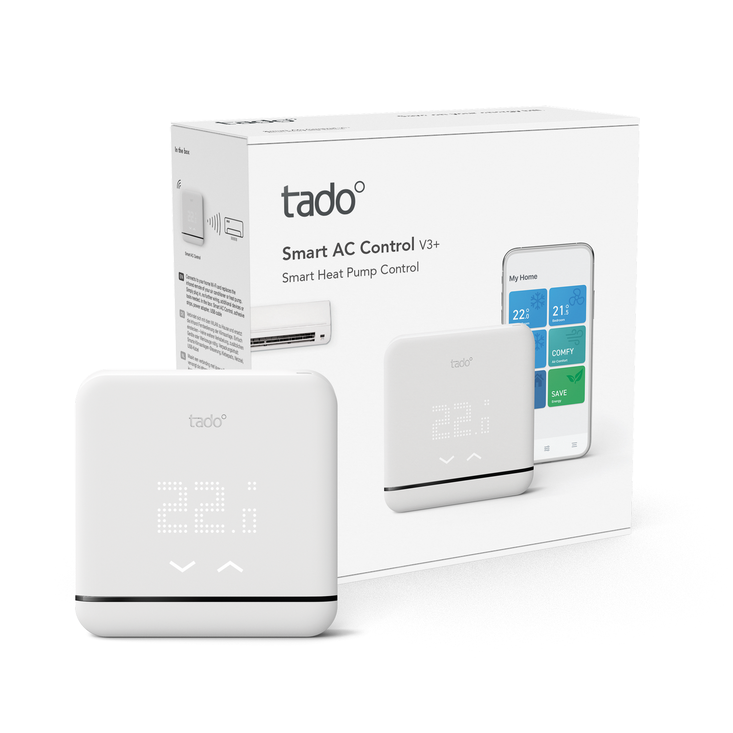 Control inteligente de CA blanco, con una pantalla que muestra la temperatura, y una caja detrás.
