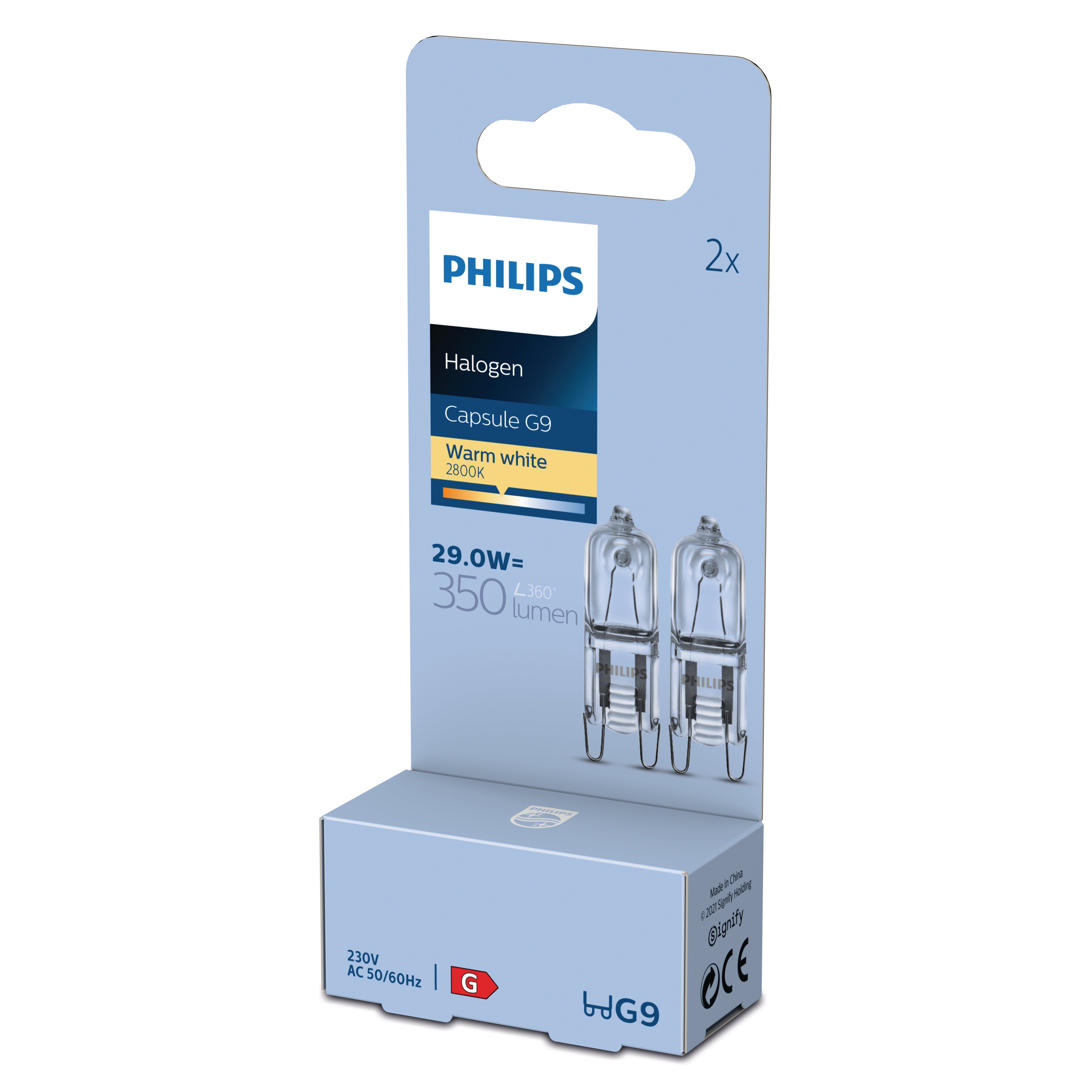 Paket mit Philips Halogen Capsule G9-Lampen. Die Glühbirnen sind warmweiß. Die Packung zeigt 2 Glühbirnen.
