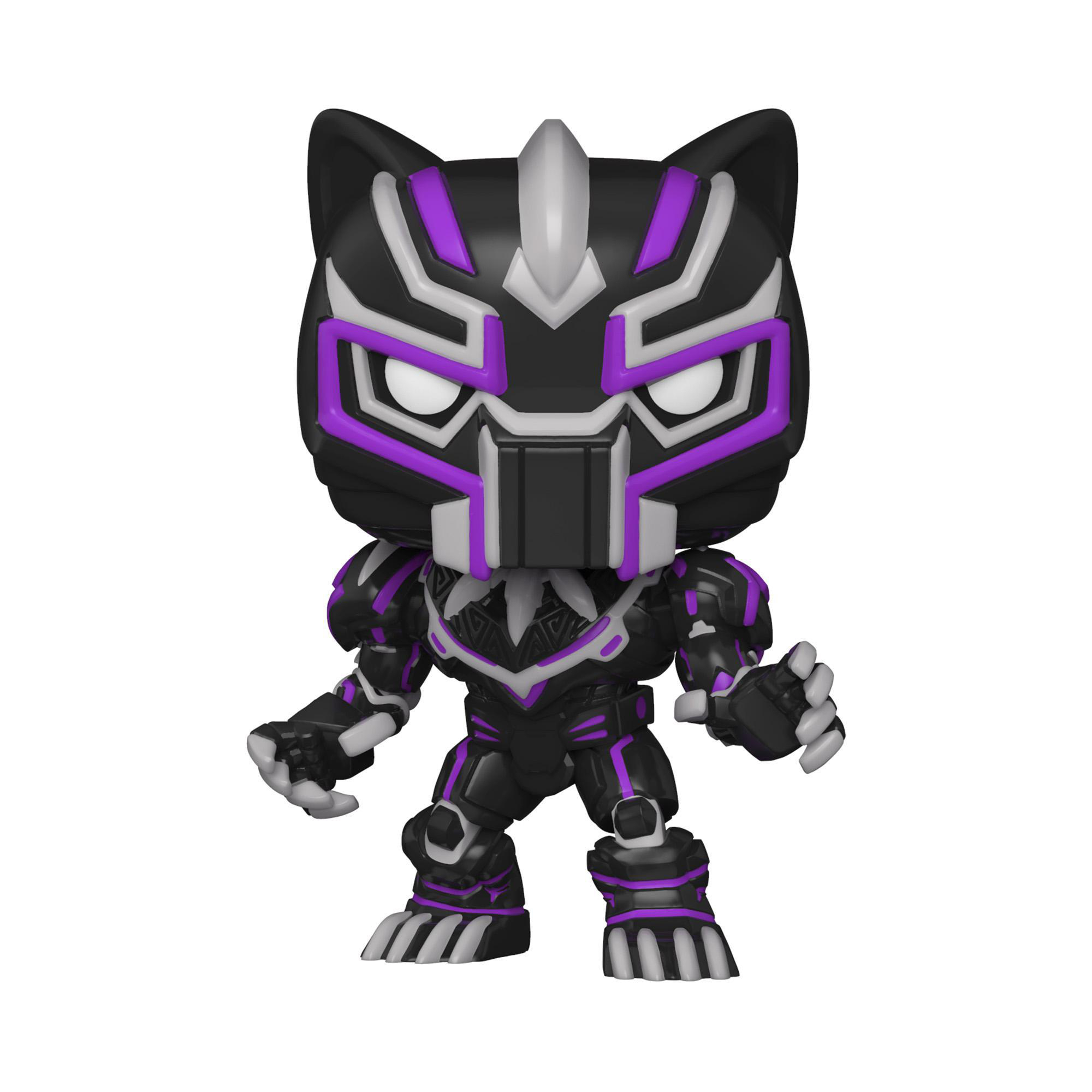 Black Panther Funko Pop Figur mit schwarzen und lila Details. Katze-ähnliche Ohren und Maske.