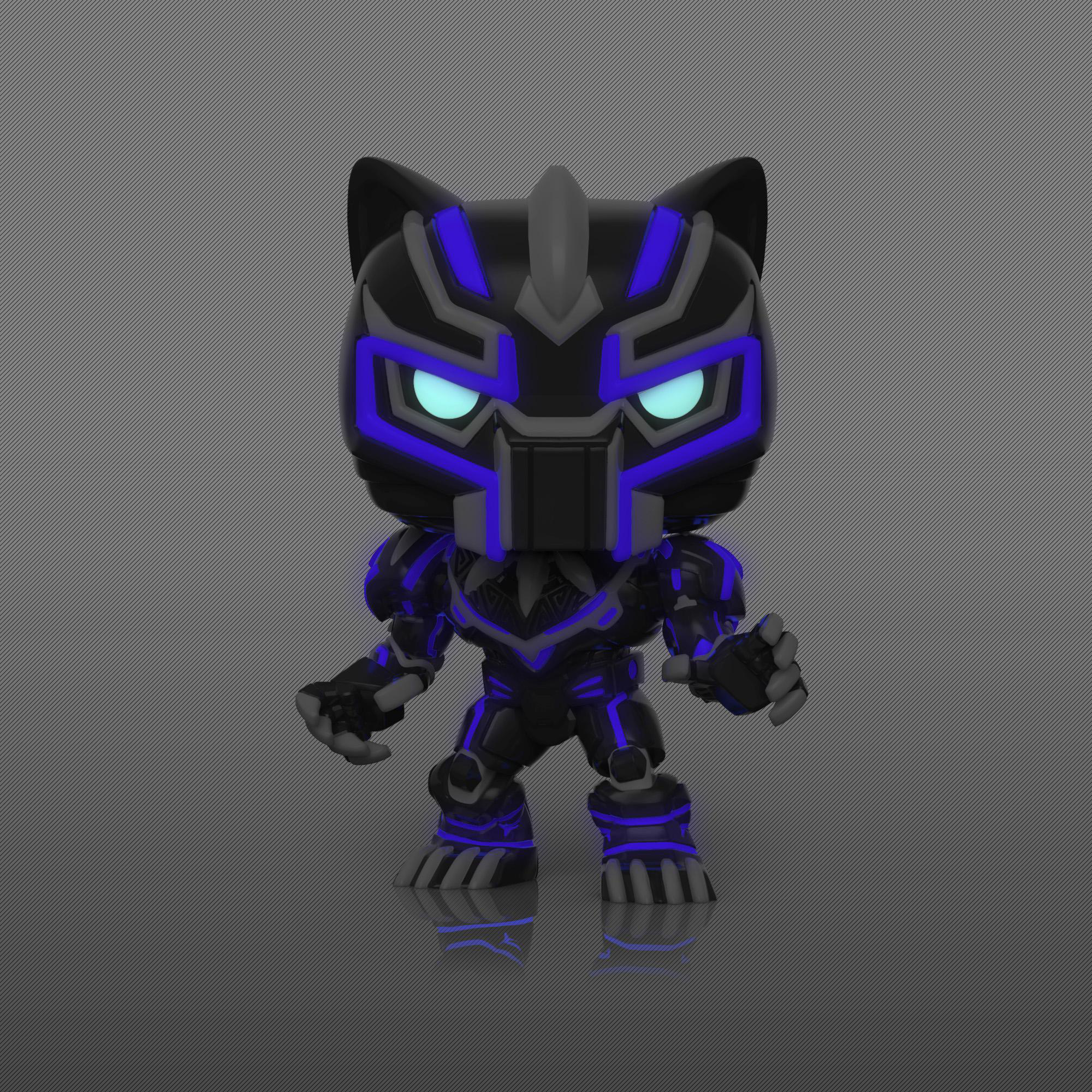 Black Panther Funko Pop Figur mit leuchtend blauen Akzenten auf grauem Hintergrund.