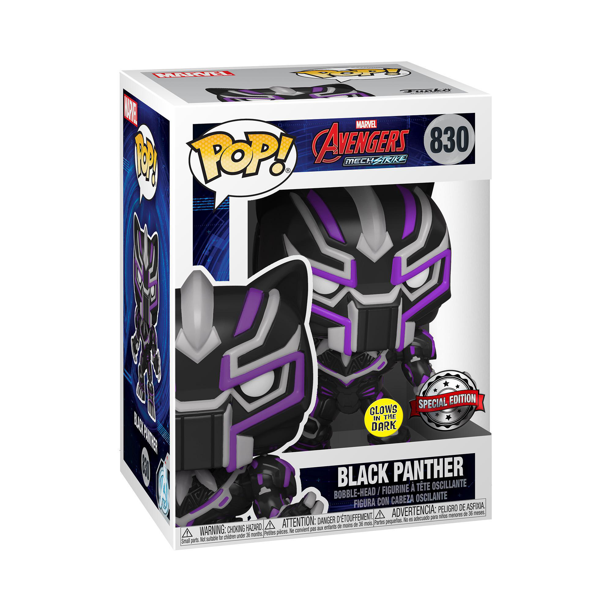 Ein Black Panther Wackelkopf in einer Box. Die Figur ist schwarz mit lila Akzenten.