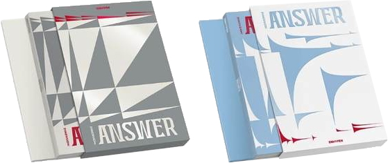 Két 'Answer' dobozkészlet. Az egyik szürke fehér formákkal, a másik kék fehérrel.