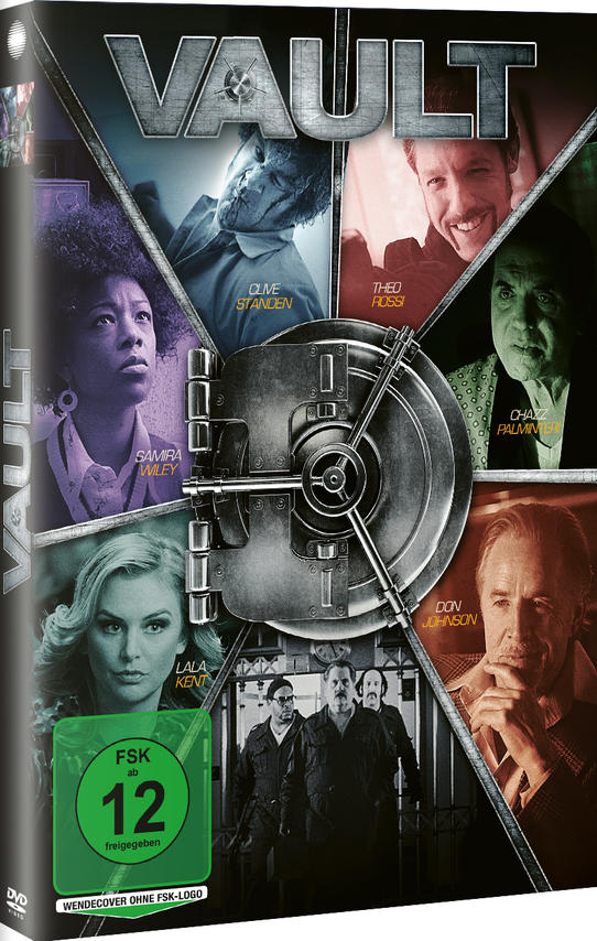 DVD-Cover für den Film 'Vault', mit mehreren Schauspielern und einem Tresortür-Design.