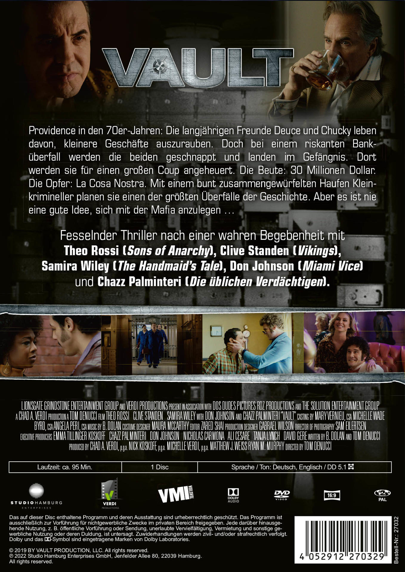 Die Rückseite der Vault DVD-Hülle, mit Text und Bildern von Personen.