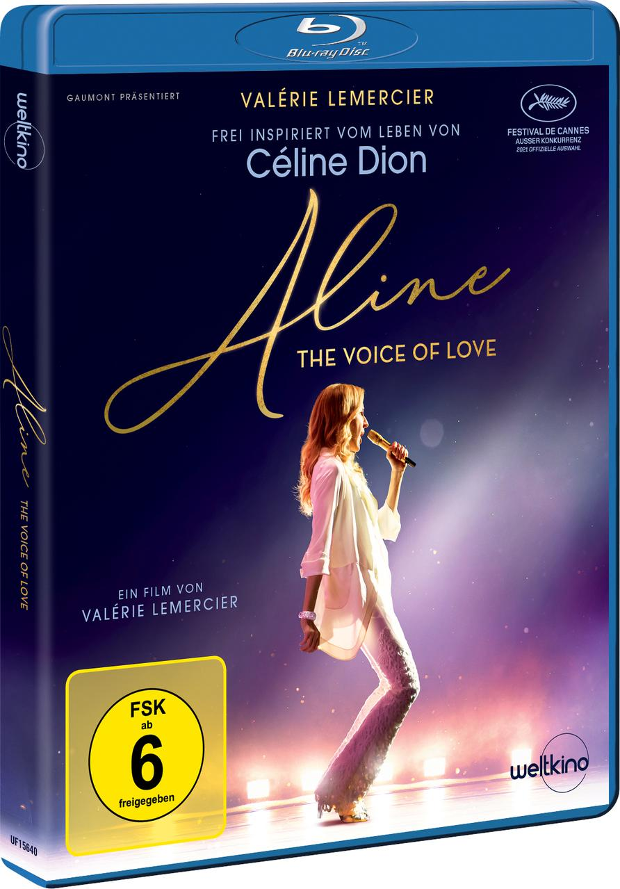 Blu-ray-Disc-Cover für den Film 'Aline'. Zeigt von Céline Dion inspirierte Figur und den Filmtitel.