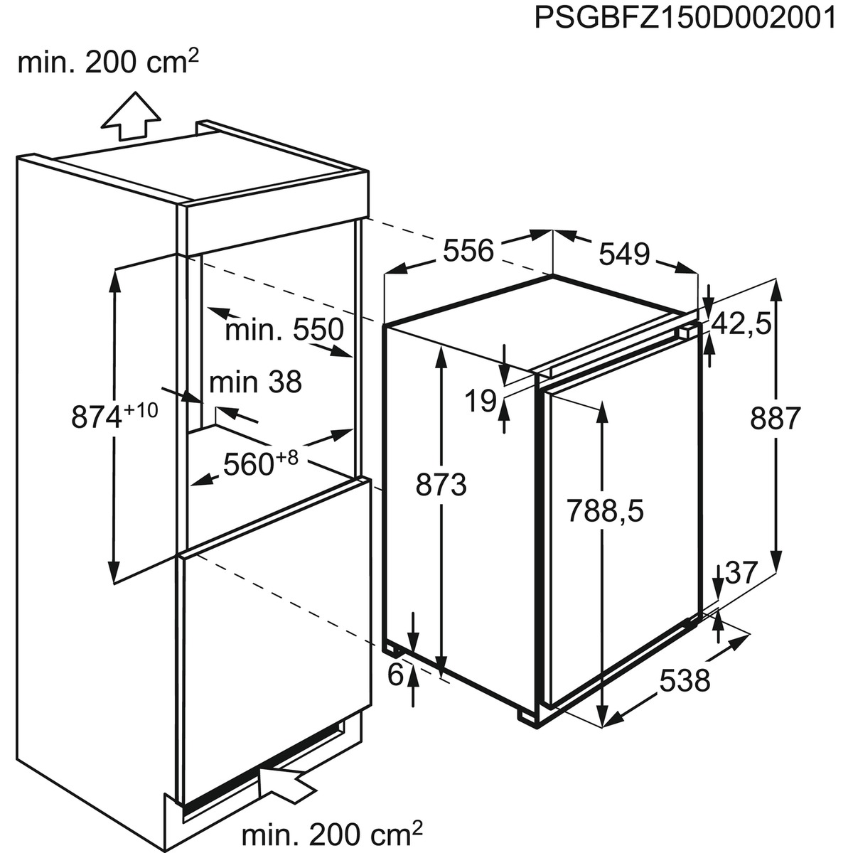 Diagramm eines Kühlschranks mit Maßen und Pfeilen, die den Platzbedarf anzeigen.