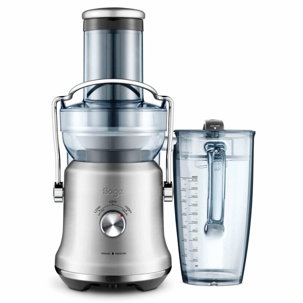 Silver juicer with a pitcher and a control panel. The pitcher is transparent with measurements.