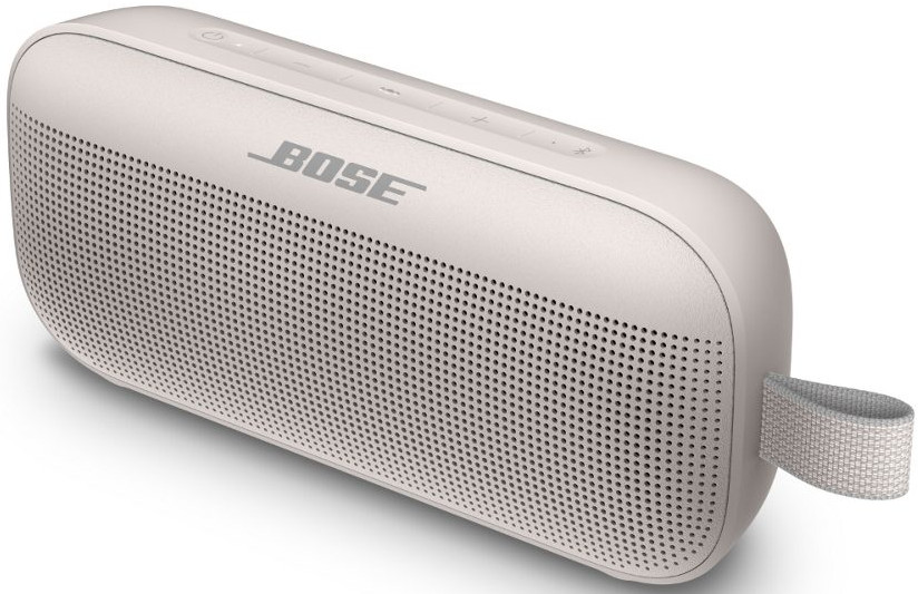 Haut-parleur Bose portable blanc avec une sangle.