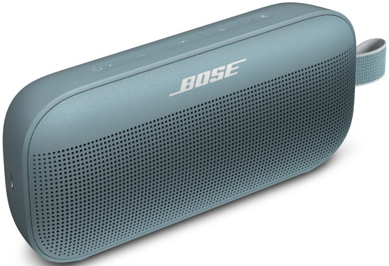 Blauw-grijze Bose Bluetooth-luidspreker. Rechthoekige vorm met afgeronde hoeken en een grijze riem.