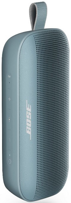 Blauwe, cilindrische Bose-luidspreker met bedieningsknoppen en een stoffen bandje.