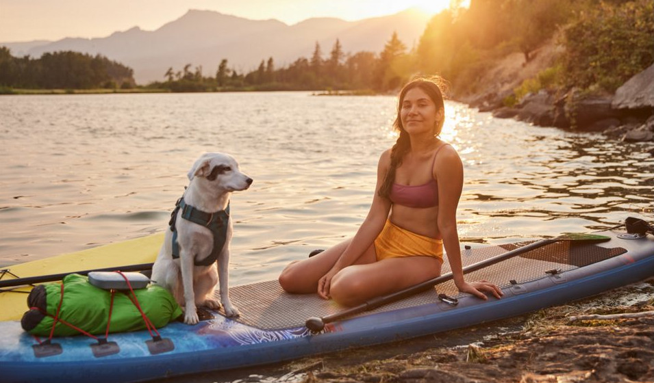 Vrouw en hond op een paddleboard op een meer bij zonsondergang.