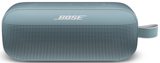 Een blauwe draagbare Bose-luidspreker met een handvat. Het Bose-logo is zichtbaar.