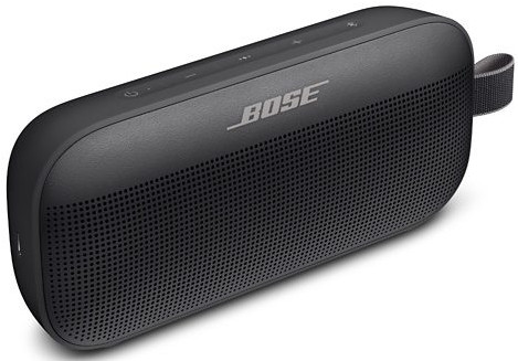 Enceinte Bluetooth BOSE noire avec façade en maille et sangle grise.
