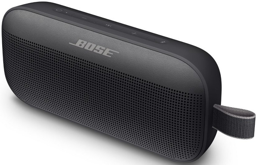 Haut-parleur portable Bose noir avec lanière.