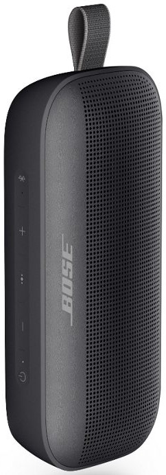 Enceinte portable Bose noire avec sangle grise, boutons et le logo Bose sur le côté.