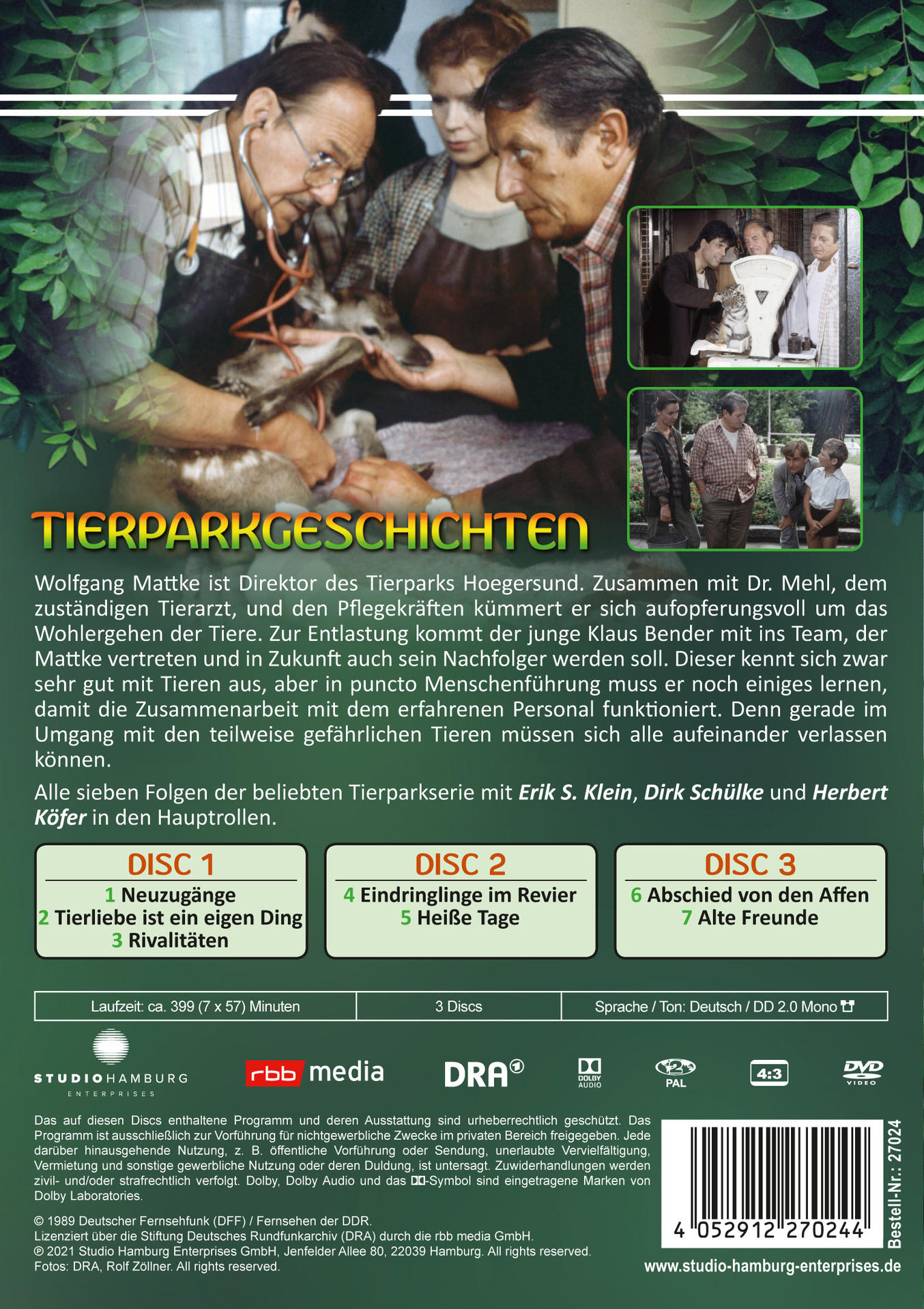 DVD-Cover mit einer Gruppe von Menschen, Text auf Deutsch und dem Titel 'Tierparkgeschichten'.