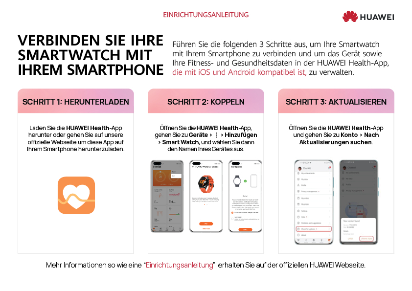 Anleitung auf weißem Hintergrund. Es zeigt, wie man eine Smartwatch mit einem Telefon verbindet.