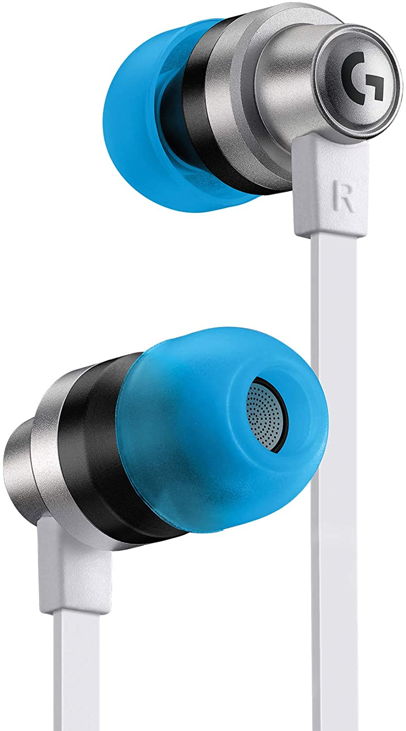 Közelkép fehér és ezüst Logitech fülhallgatókról kék füldugókkal.