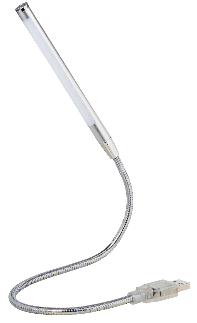 Egy hajlékony ezüst LED-lámpa USB csatlakozóval.