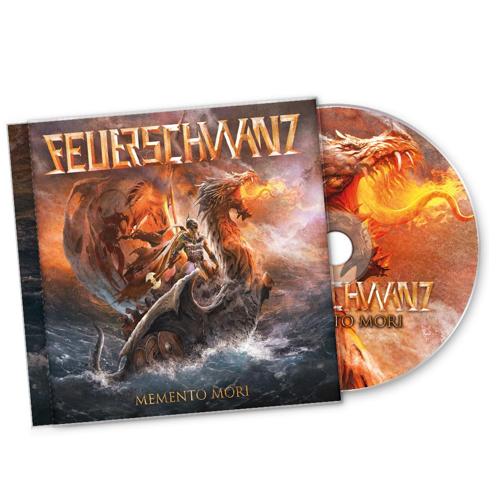 CD-Cover der Band Feuerchwanz mit Drachen- und Ritterillustration.