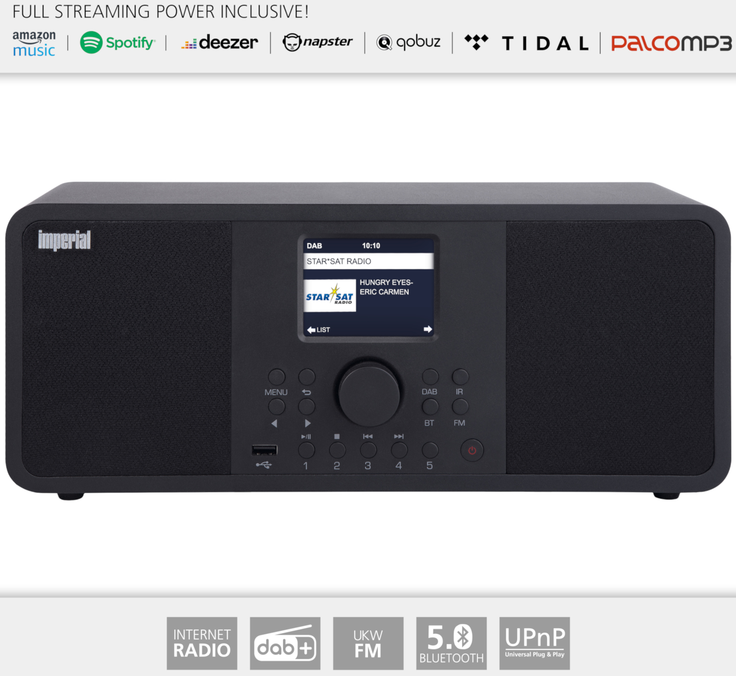 Radio noire avec écran, boutons et logos de services de streaming. Sur fond blanc.