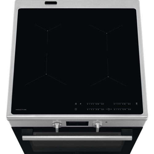 Top-down view of a black induction cooktop with four cooking zones and stainless steel frame.