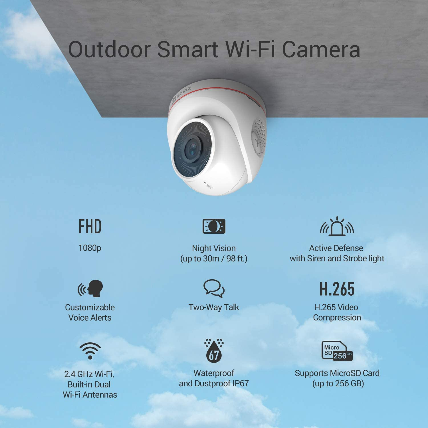 Cámara de vigilancia IP - Ezviz C4W, FHD 1080p, WiFi, Visión nocturna, Compatible con asistentes, IP67, Blanco