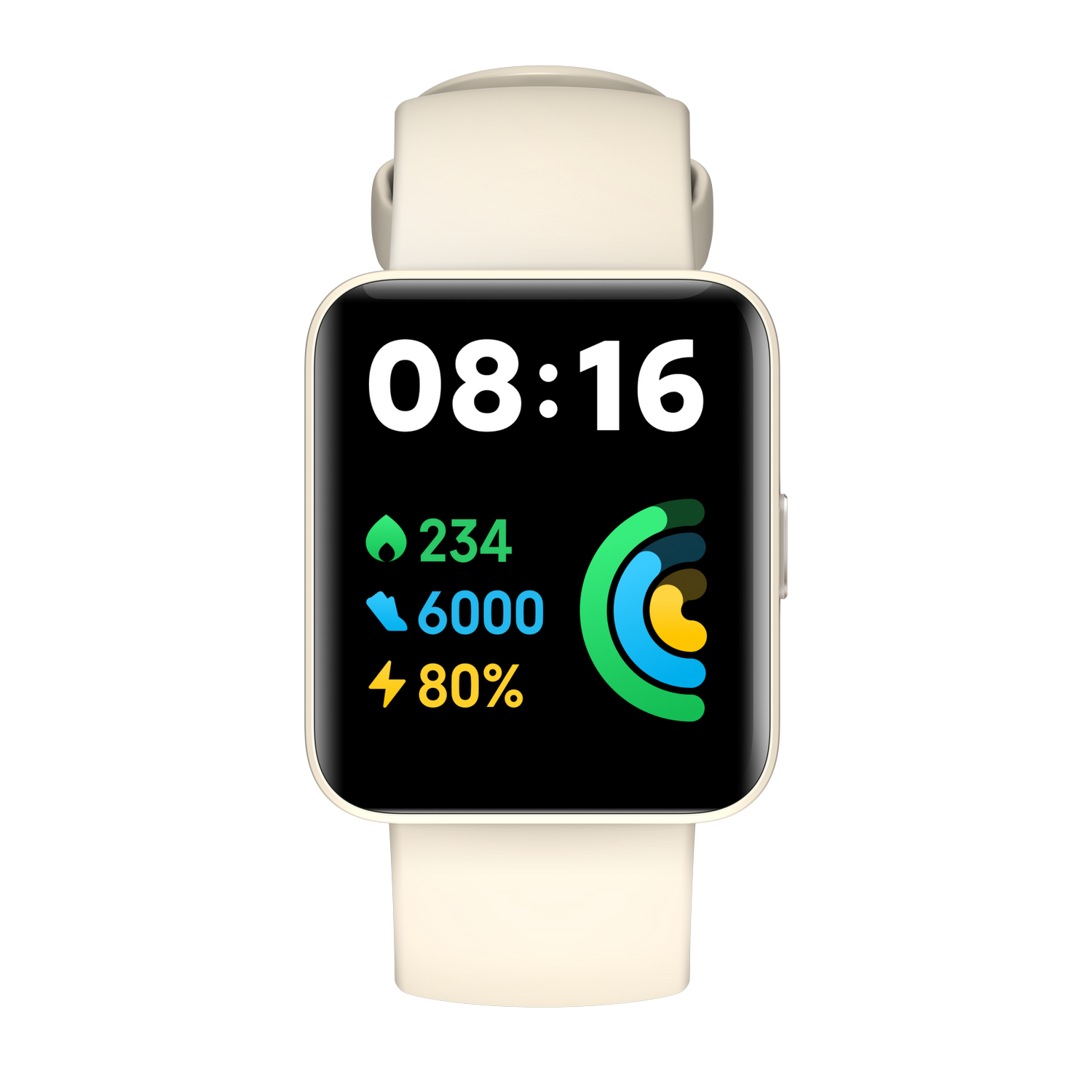 Un reloj inteligente color crema que muestra la hora, los pasos, la frecuencia cardíaca y el porcentaje de batería.