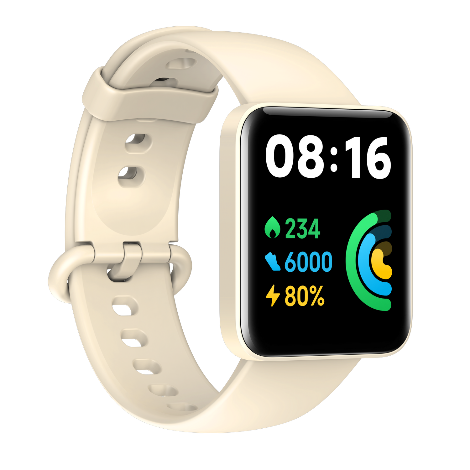Un reloj inteligente beige sobre un fondo negro que muestra la hora, los pasos y la batería.