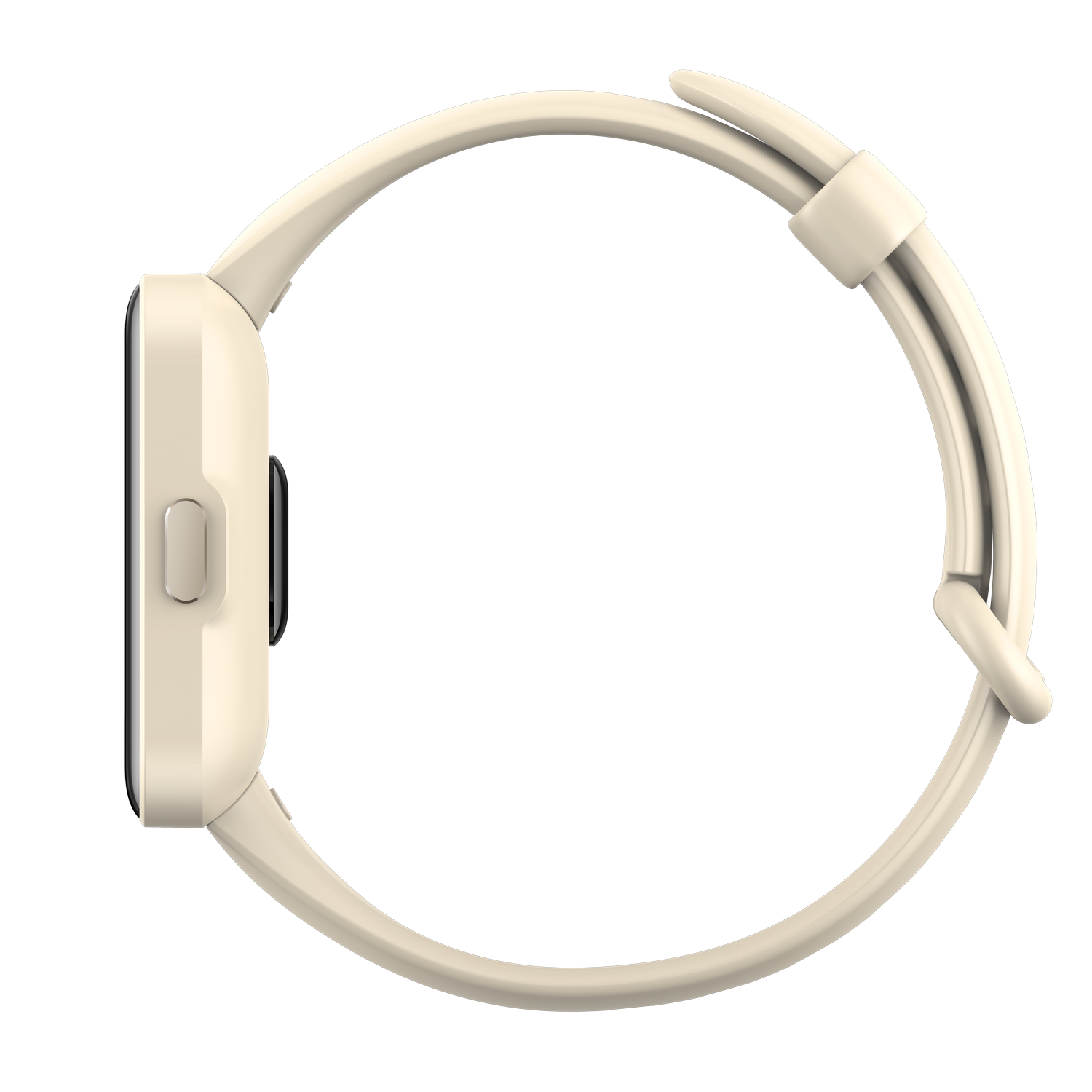 Una vista lateral de un reloj inteligente color crema con una correa crema. El reloj tiene un solo botón.