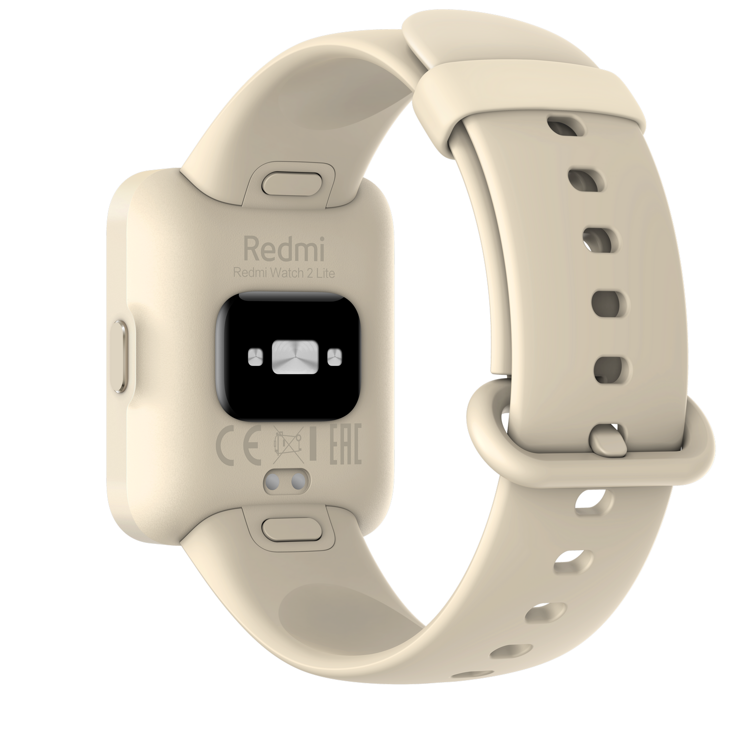 Vista trasera de un smartwatch Redmi Watch 2 Lite color crema con la correa adjunta y el logotipo visible.