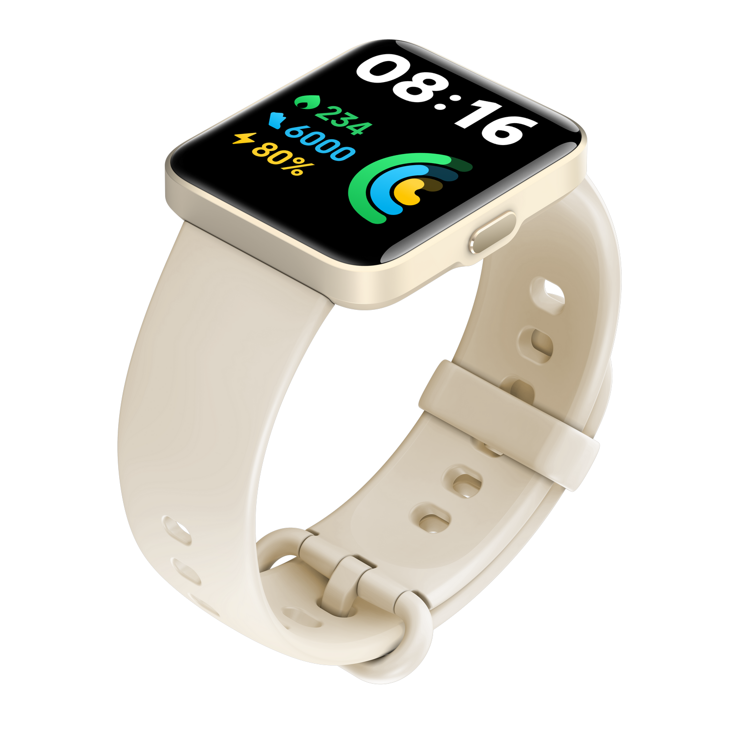 Smartwatch color crema con pantalla rectangular. Muestra hora, pasos, frecuencia cardíaca y porcentaje de batería.