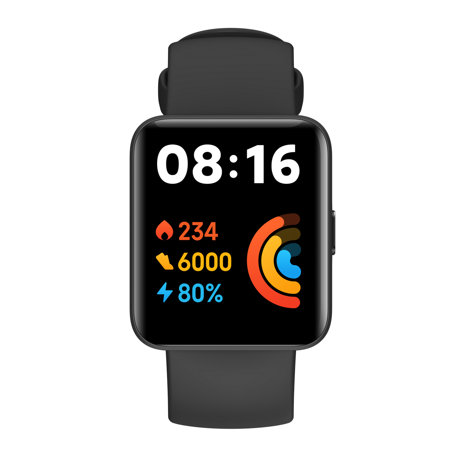Smartwatch negra con pantalla digital que muestra hora, pasos, ritmo cardíaco y batería.