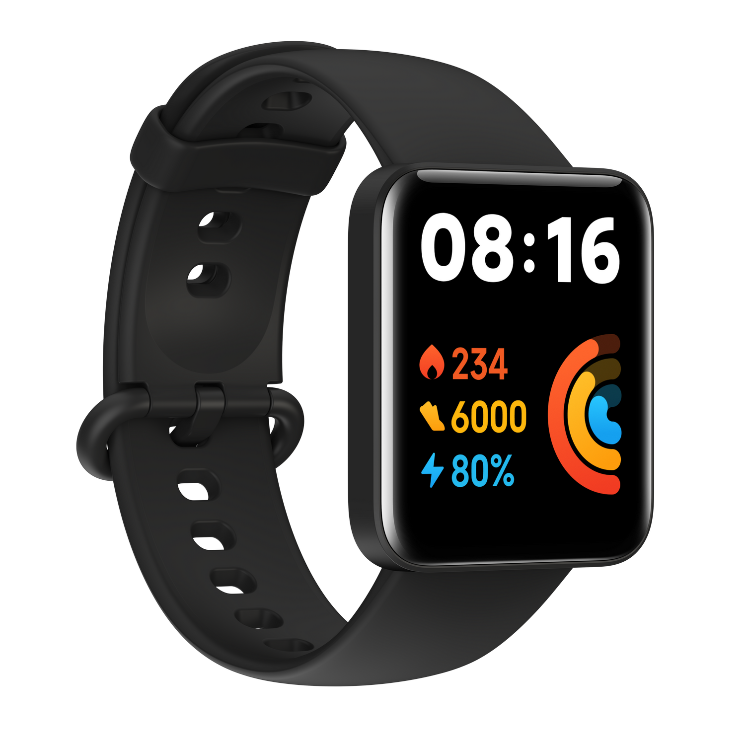 Smartwatch negra mostrando hora, pasos, ritmo cardíaco y porcentaje de batería sobre fondo negro.