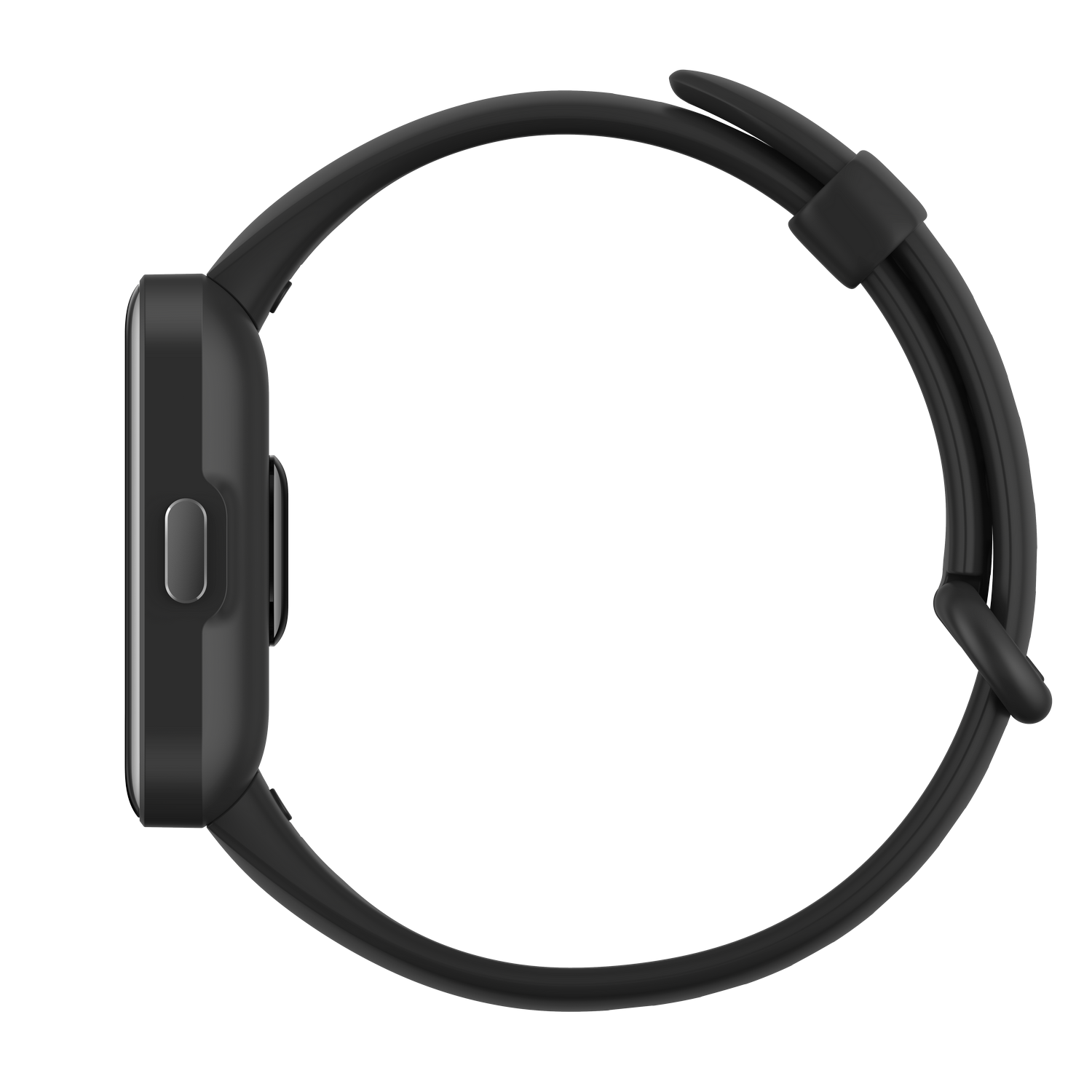 Smartwatch negra, vista lateral. Correa negra, botón lateral. Fondo negro.