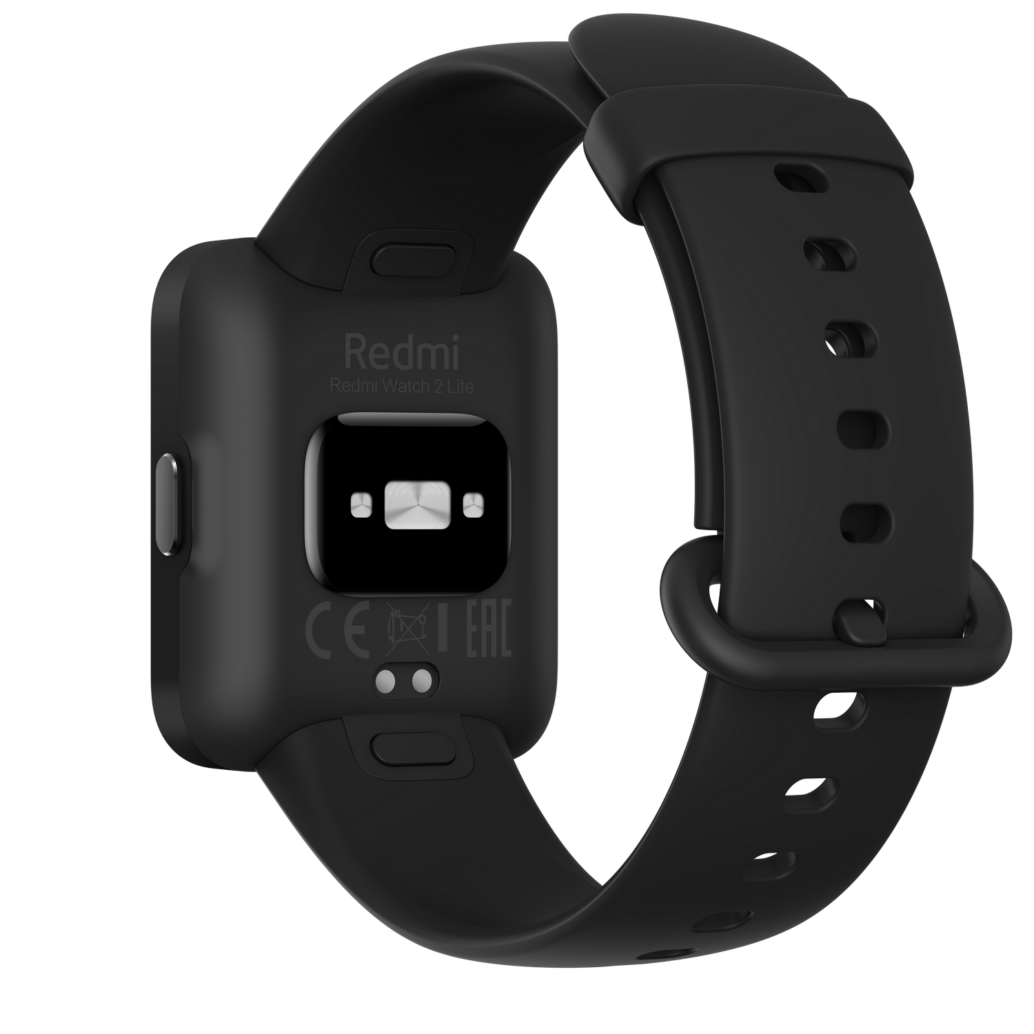 Redmi Watch 2 Lite negro, vista trasera. Muestra sensores y marca. Correa adjunta.