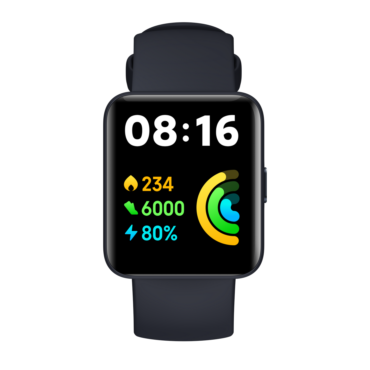 Un reloj inteligente negro con una pantalla digital que muestra la hora, estadísticas y batería.