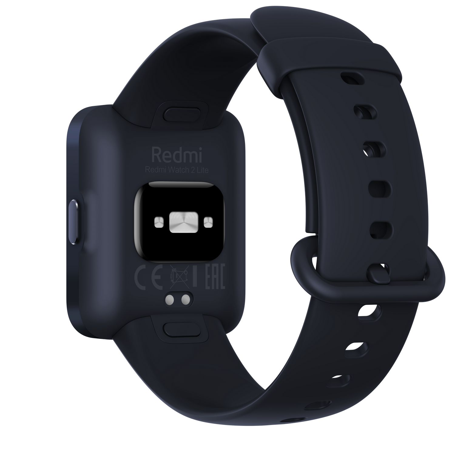 Parte trasera de un smartwatch Redmi azul oscuro con correa. Incluye sensores y marca.