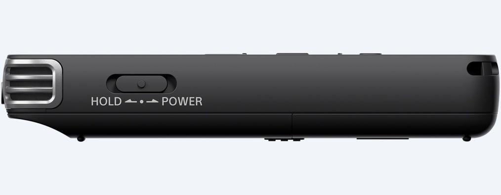 Schwarzer Audiorekorder mit silbernem Lautsprecher und HOLD/POWER-Taste.