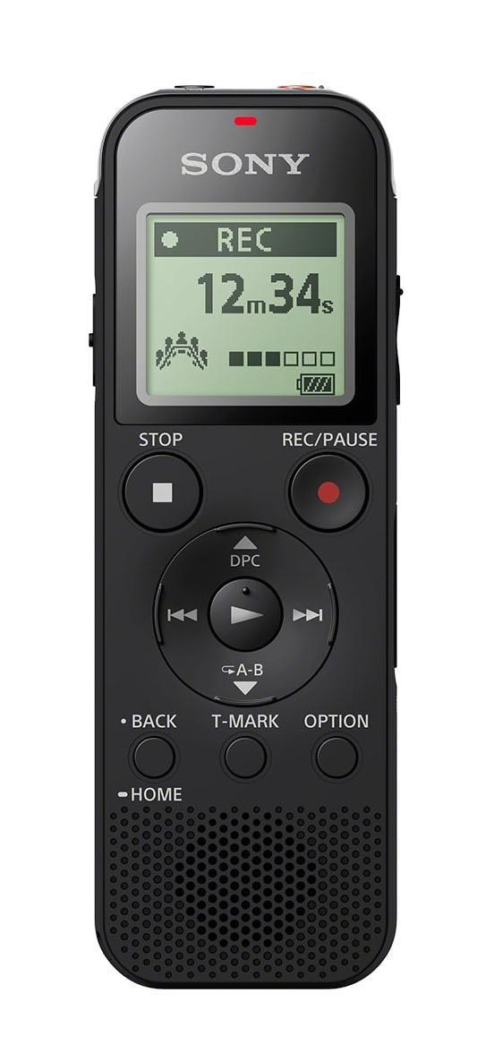 Schwarzes digitales Sony-Diktiergerät mit einem Bildschirm, der 12m34s anzeigt. Stopp-, Aufnahme/Pause- und andere Bedientasten.