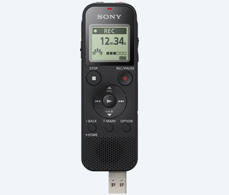 Schwarzer Sony-Diktiergerät mit Anzeige der Aufnahmezeit. USB-Anschluss ist sichtbar.