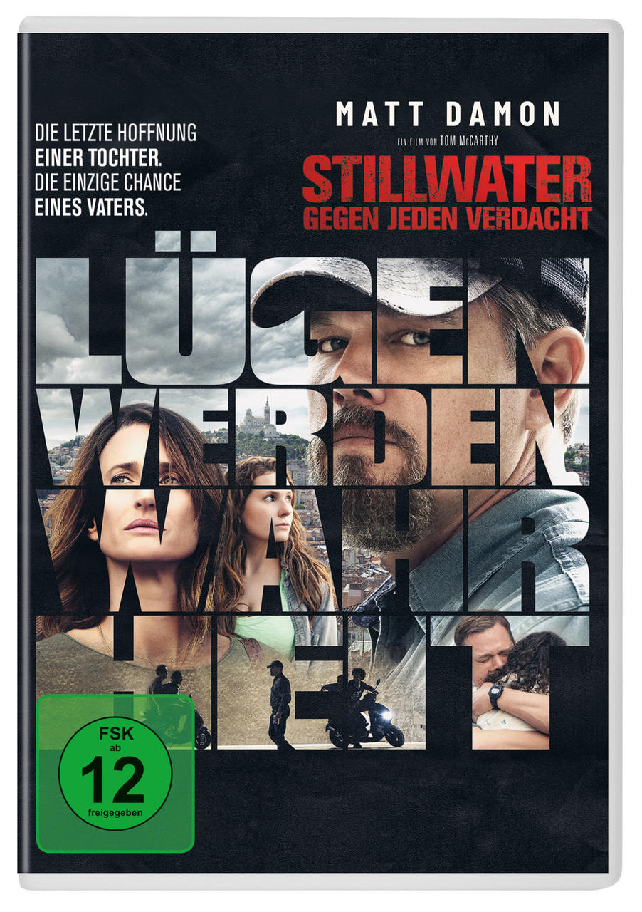 Stillwater DVD-Cover. Matt Damon. Dunkles Bild mit Text und mehreren Foto-Einsätzen.