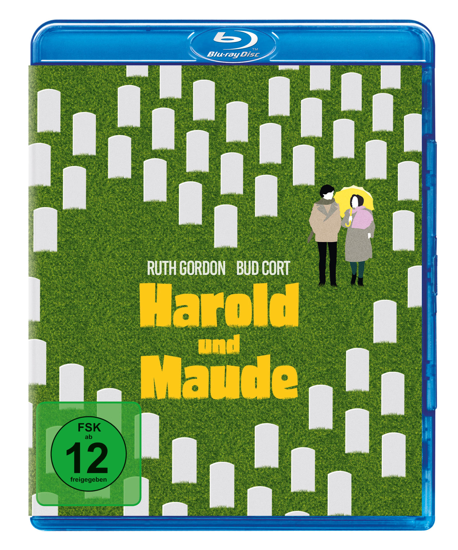 Blu-ray-Cover für "Harold und Maude". Enthält ein Feld mit Grabsteinen und zwei illustrierten Personen.