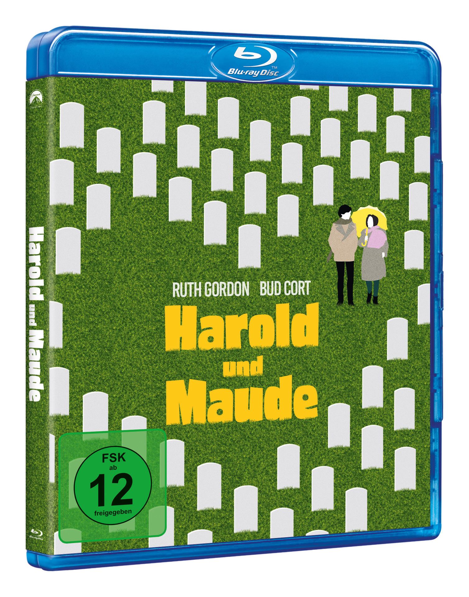 Blu-ray-Disc-Cover des Films 'Harold und Maude' mit zwei Figuren auf einem Friedhof.