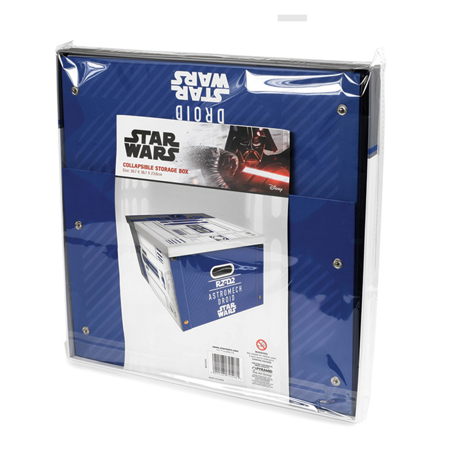 Caja de almacenamiento Star Wars envuelta en plástico. Caja azul con imágenes de Star Wars y Droid.
