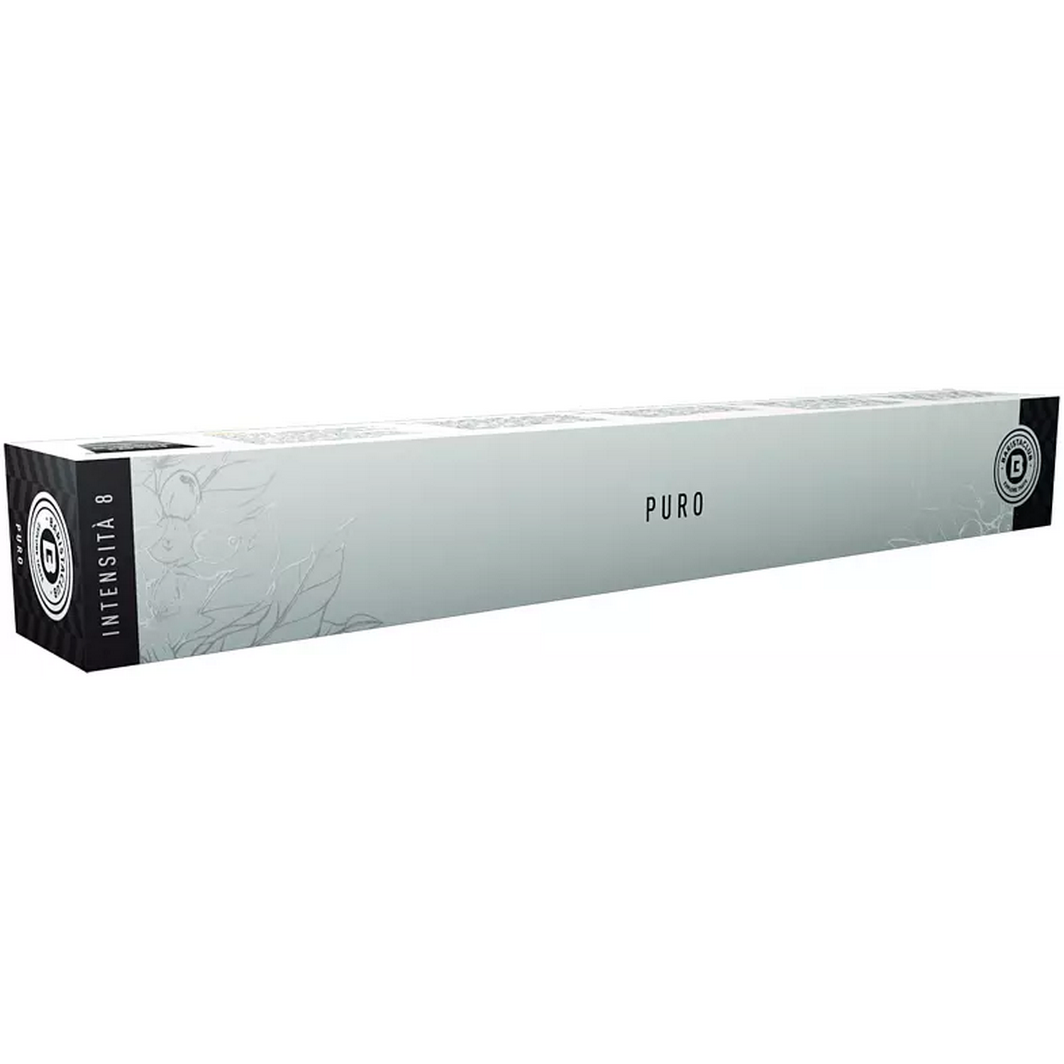 Una caja blanca rectangular y larga con 'PURO' impreso. La caja tiene detalles negros y un logotipo en el extremo.