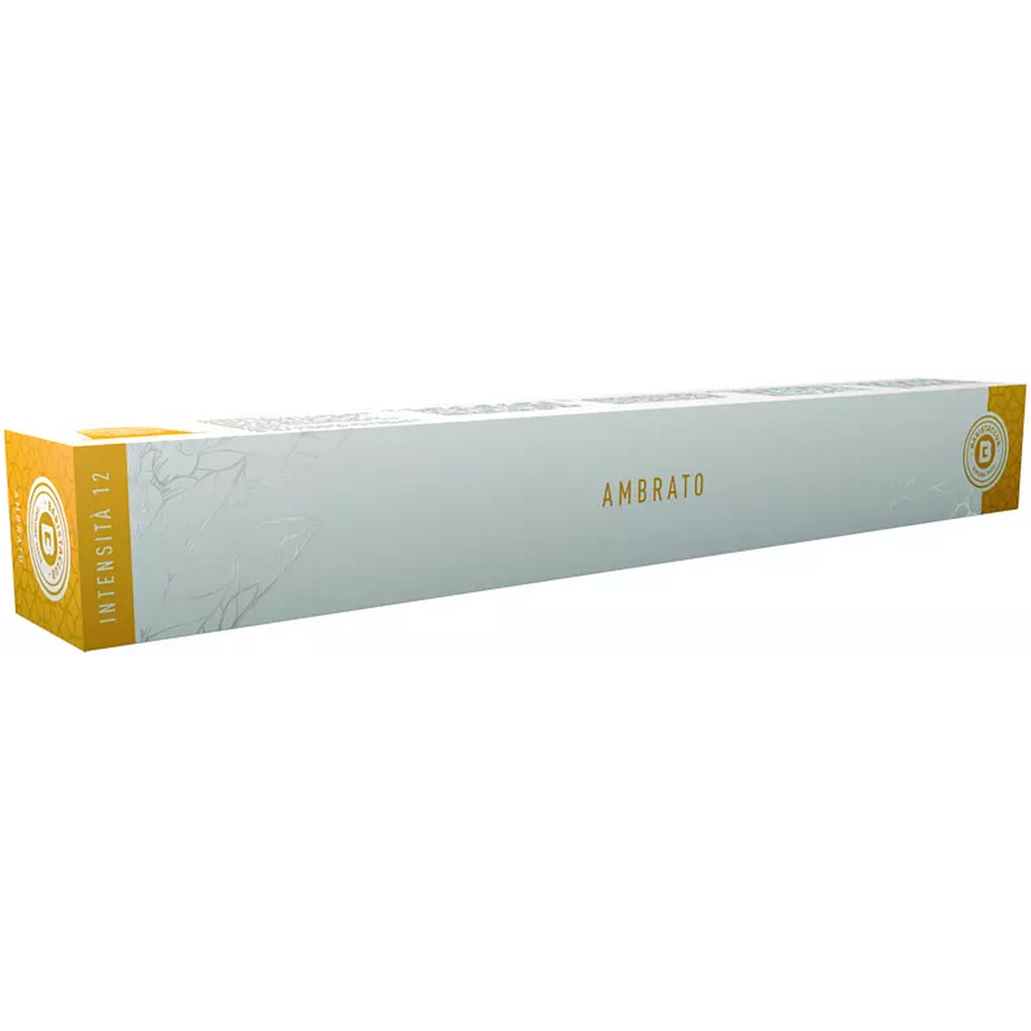 Una caja rectangular y larga del producto 'Ambrato'. Tiene una combinación de colores blanco y dorado con texto y detalles del logotipo. El fondo es blanco.