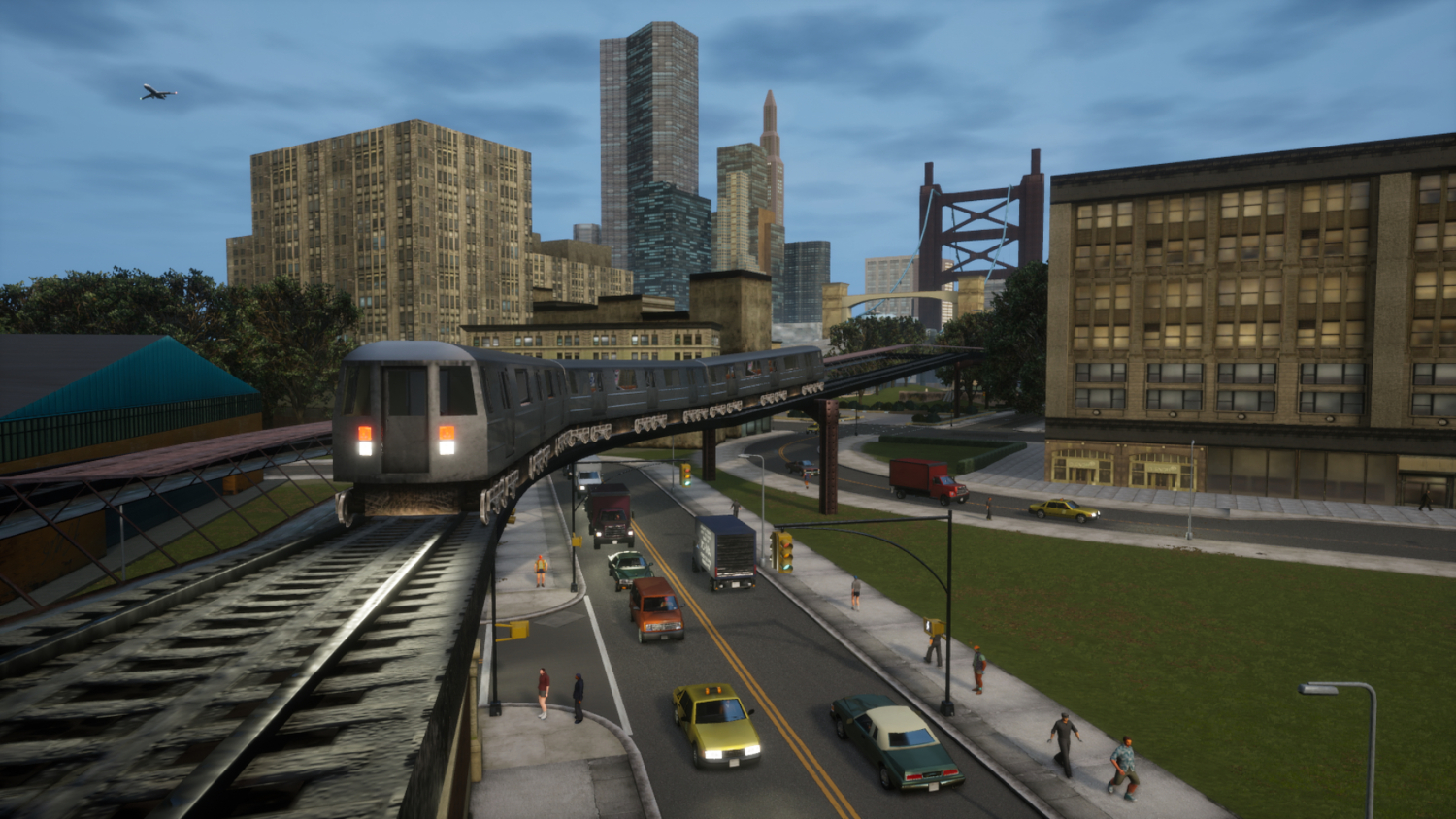 Een stadsgezicht met een trein op een verhoogde baan. Auto's, mensen en gebouwen op de achtergrond.